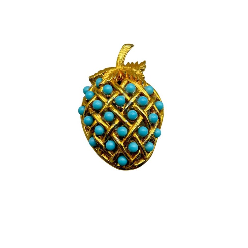 Signed De Nicola Fruit Pin Brooch Berry Turquoise Ballotini Balls Gold Tone